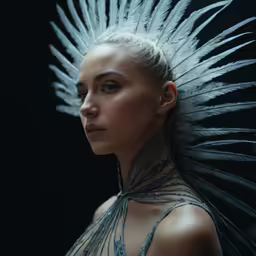 the beautiful, female character is wearing a feather headpiece