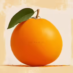 an orange with green leaves growing on the stem