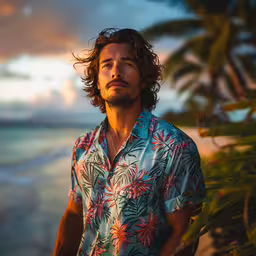 a man standing next to the ocean at sunset,a man standing in front of a tree with long hair