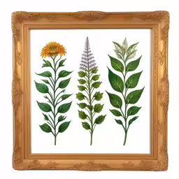 a picture of a frame holding flowers,there are three different types of leaves