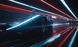 a black vehicle driving through the tunnel with its wheels glowing