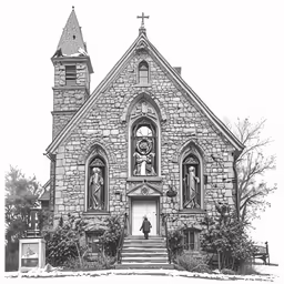 an old church with a steeple, the steeples and the door are black and white