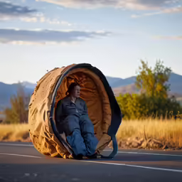 a man sitting inside a vehicle tire with a field in the background