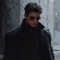 man with sunglasses and a trench coat looking down