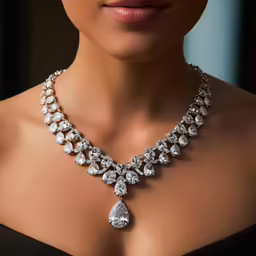 close up view of woman wearing diamond jewelry