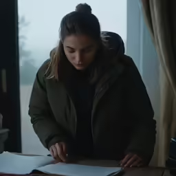 a person sitting at a table in front of a window