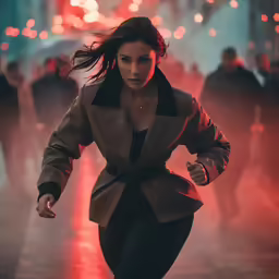 a woman in black and tan outfit running on the street
