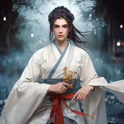 an oriental woman in an intricate white robe, holding a flower
