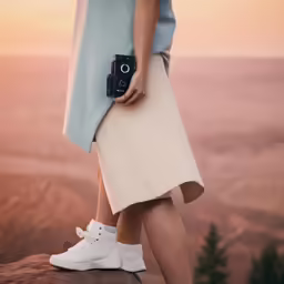 a man and woman standing on top of a hill with an open camera