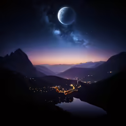 the sky is lit up and overcasting as it moves through a distant mountain range
