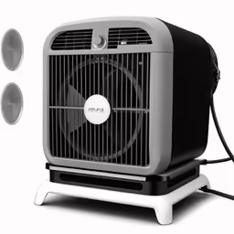 a black and silver air conditioner sitting on top of a white table