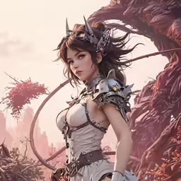 a woman in armor is standing in the woods