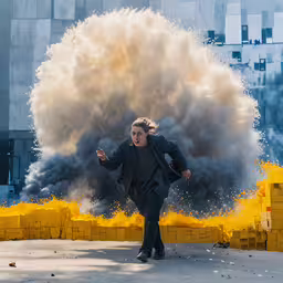 a man is kicking his fist with a big amount of smoke,a man walking towards a large stack of yellow objects