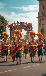 a large group of people walking in a parade with lots of headdresses