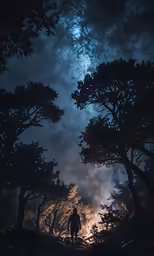 a man standing in the forest next to trees at night
