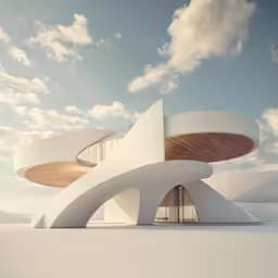 the building has white columns and a curved roof
