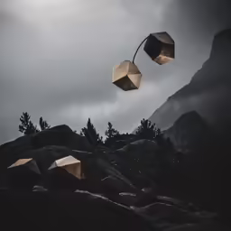 three strange object floating over trees on a mountain