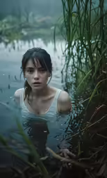 woman in the water surrounded by plants, possibly floating on a boat