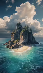 some rocks with water and sand under cloudy skies