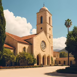 an exterior view of a church with a clock and palm trees