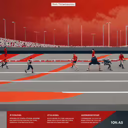 a poster on track featuring athletes running along,two running teams are competing in a cross country race