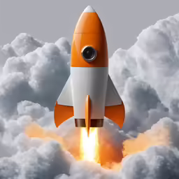 an orange and white rocket with smoke coming from it