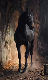the black horse is running around in front of a stone wall