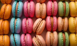 several colorful macaroons are lined up in a pattern