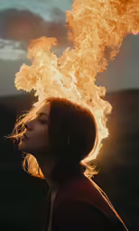 woman looking up at bright flame coming out of her head