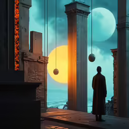 a man standing on a balcony next to water and pillars