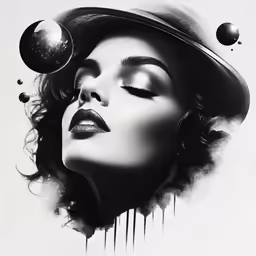 a woman wearing a hat, eyes closed, with balls and balls sticking out of her mouth