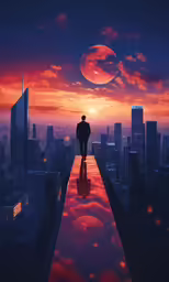 a person on top of a bridge that is surrounded by buildings and clouds