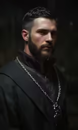 a man with a goatee and long beard stares ahead