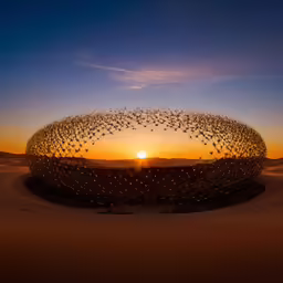 the sun shining behind a large circular structure in the sand