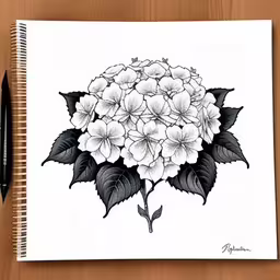 some white flowers with green leaves on a wooden table,a drawing of a bouquet of flowers is on a notebook