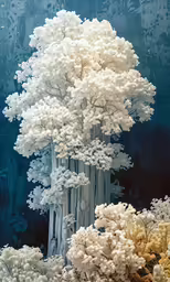 white tree with long branches and very colorful flowers in water