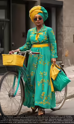 an older woman wearing a green dress and yellow head scarf on the street, and carrying two grocery bags