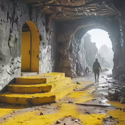 a man walking towards an exit in the ruins
