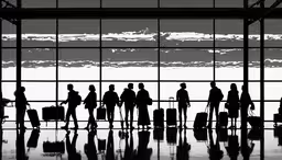 the silhouette of many people waiting in an airport,a group of people standing next to each other in front of a window