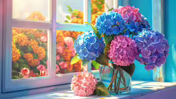 purple and pink flowers sit next to a window,some pink and purple flowers are in a glass vase