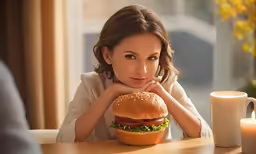 a woman sits at a table next to a giant hamburger