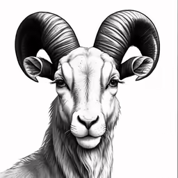 a black and white illustration of a ram with horns