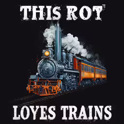 a black shirt with an orange train on it that says, this rot loves trains,a black background with an orange and white train in the center