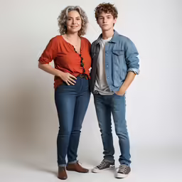 a man and woman pose in front of a white wall