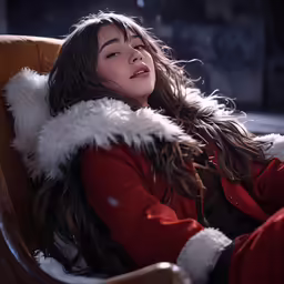 a young lady with a coat and santa claus hat looking off to the side