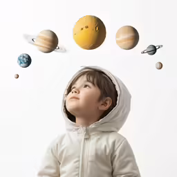 a kid wearing a white jacket and an outer space theme