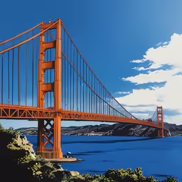a painting shows the golden gate bridge and the water