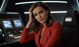 a woman in a red jacket is seated at a desk