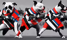 two dogs with large vests are in the air