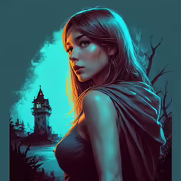 a drawing of a woman in front of a dark and blue sky with a clock tower in the background